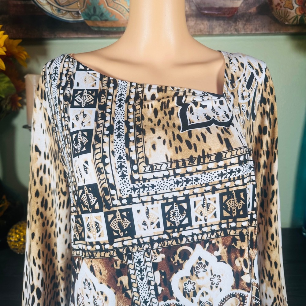 JM Collection Tunic Top Boho Maximalist Leopard Animal Print 3/4 Sleeve - Picture 2 of 7
